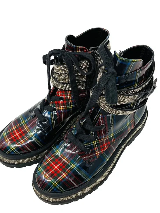 Jessica Simpson Ebrina Plaid Rhinestone Combat Women’s Boots Size 6.5M Straps - Picture 2 of 9